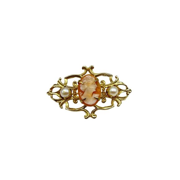 Vintage Petite Cameo Pin Genuine Carved Shell Gold Tone Setting Faux Pearls - Picture 1 of 8